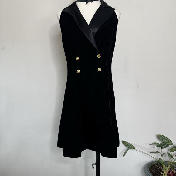 Vintage 90s Black Velvet Tuxedo Vest Dress Embellished Buttons Indie Goth Prom 6 - Picture 1 of 5